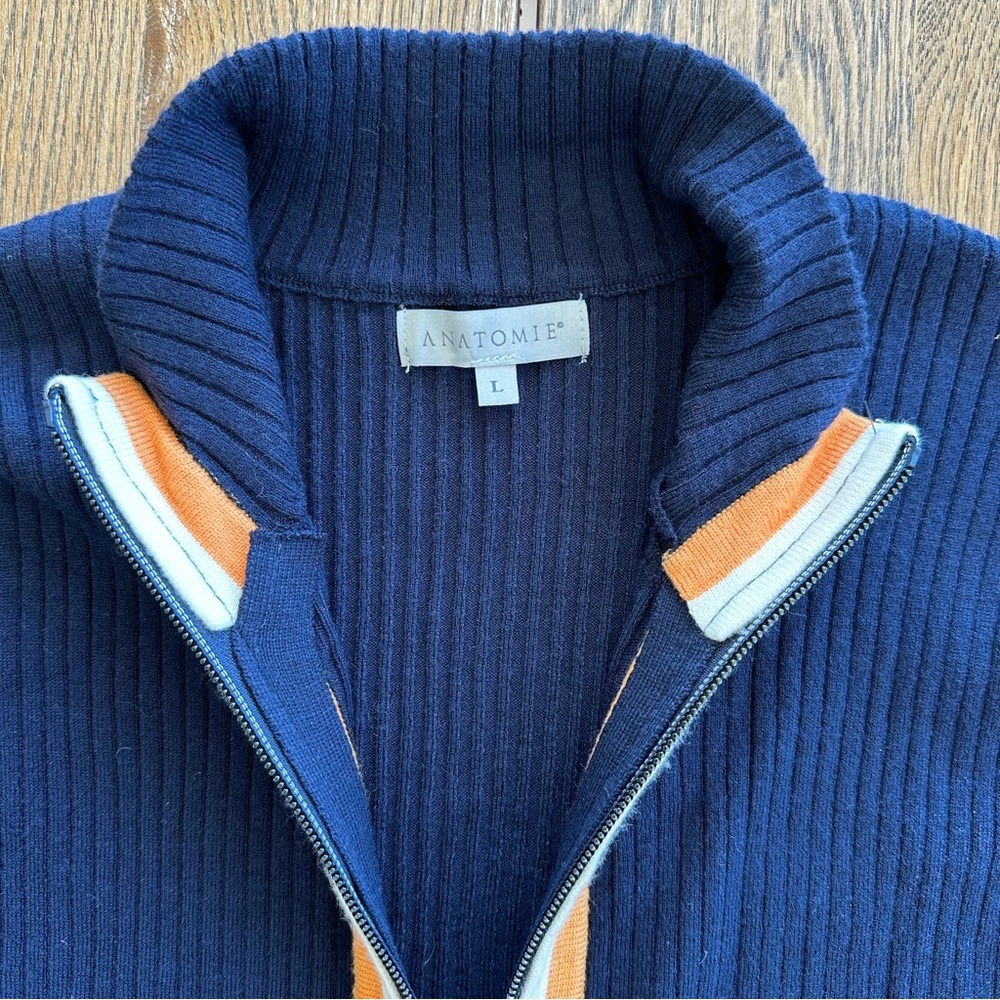 NWT Anatomie Charlize Navy Zip-Up Ribbed Travel Sweater Orange Cream Stripe - Picture 7 of 14